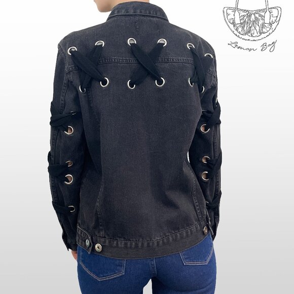 Love Tree / Jean Jacket Decor on the Back/ Black Grey / Size S - Picture 1 of 8